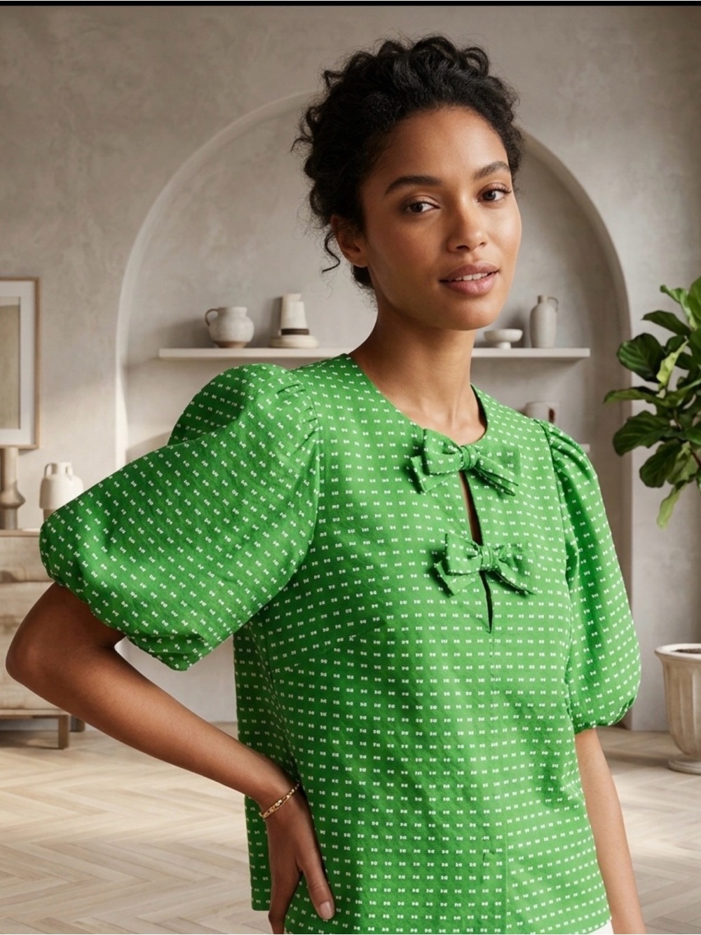 kate spade Green Puff-Sleeve Top with Bow Details